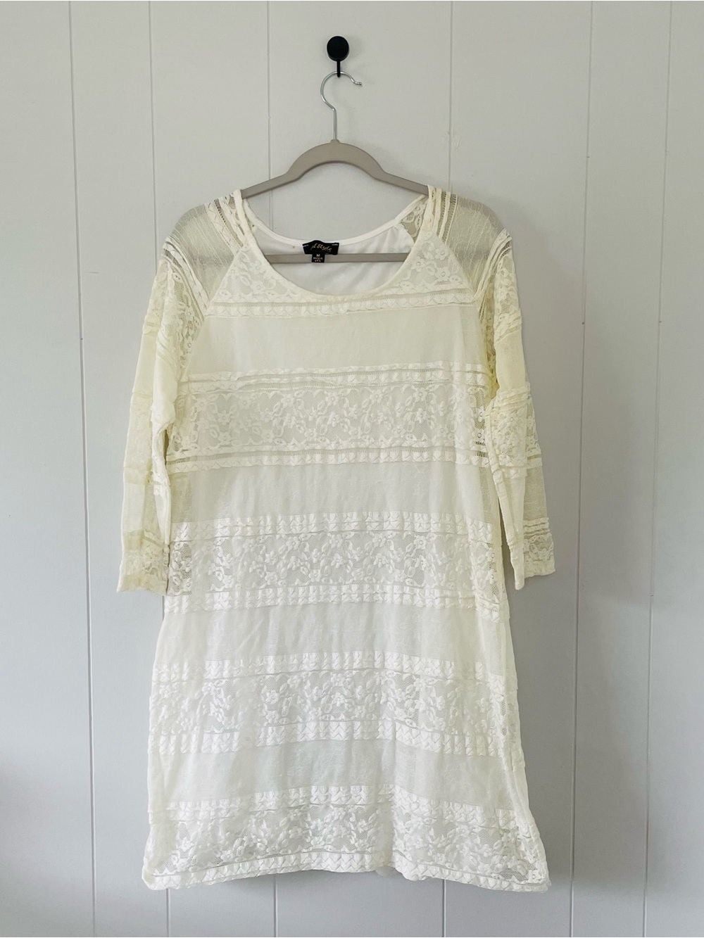 Lace-Panel Cream Long Sleeve Shift Dress